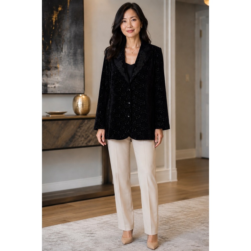 Bob Mackie Jacket Womens 1X Black Velvet Rose Burnout Blazer Wearable Art Boho